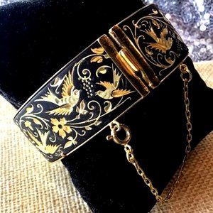 Vintage Damascene Wide Etched Black Enamel Gold Bird/Floral Panel Link Bracelet